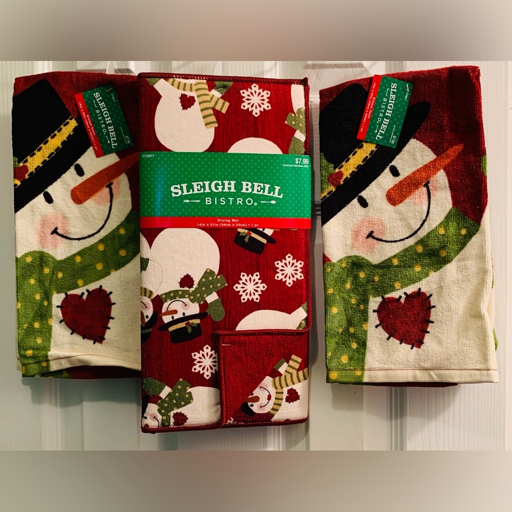 3 pc Snowman Drying mat & Kitchen Towel Sleigh Bell Bistro